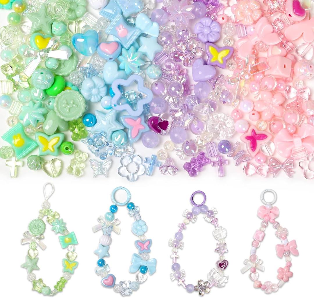 HSONAIGEE 200-220 Pieces Acrylic Beads for Bracelet Making, Assorted 4 Colors Cute Bead Charms Jewelry Making Kit Flower Heart Gummy Bear Star Beads for DIY Crafts Phone Charms Necklace Keychains (4 Colors Pink/Blue/Green/Purple)