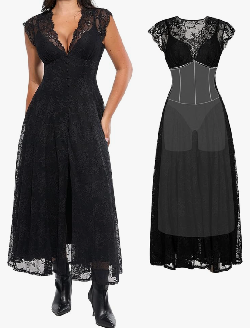 Popilush Women's Formal Wedding Guest Lace Sleeveless V Neck Maxi Shapewear Dress Evening Mother of Bride Split Dresses Size M