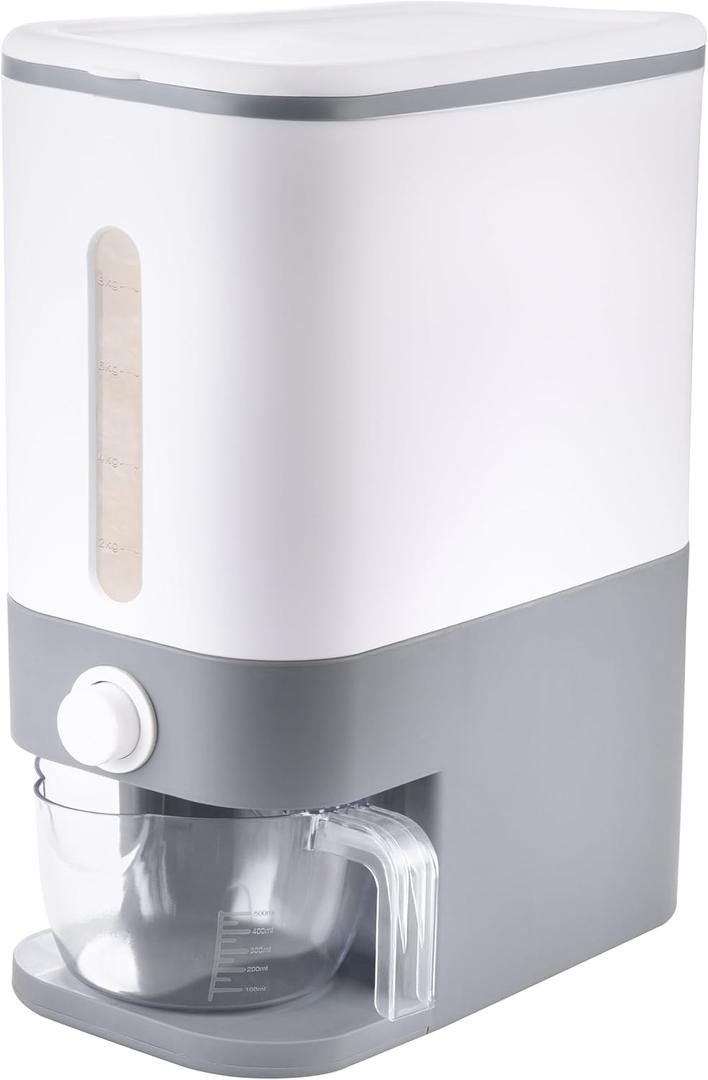 Rubtlamp 22.5-25 Lbs Gray Rice Dispenser, Rice Container with Lid, Rice Storage Container with Measuring Cup, Food Dispenser Rice Container, Storage Container for Cereal, Household Rice Bucket (Grey)