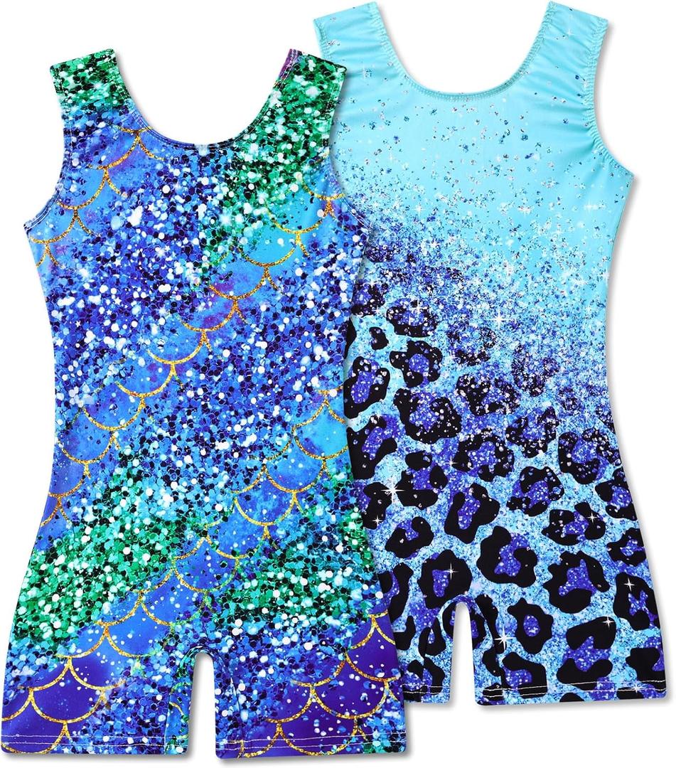 2 Packs Gymnastics Leotards for Girls Mermaid Leopard Dance Leotard Kids Biketard with Shorts (6-7 Years, 10 Blue Leopard&fish Scale)
