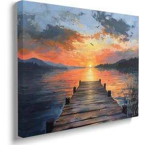 Mountain Lake Sunset Coastal Picture Wall Decor Framed Ocean Beach Canvas Wall Art Sea Pier Prints Poster Sunrise Painting for Bathroom Bedroom Living Room Painting Home Kitchen Decoration (12"x16")