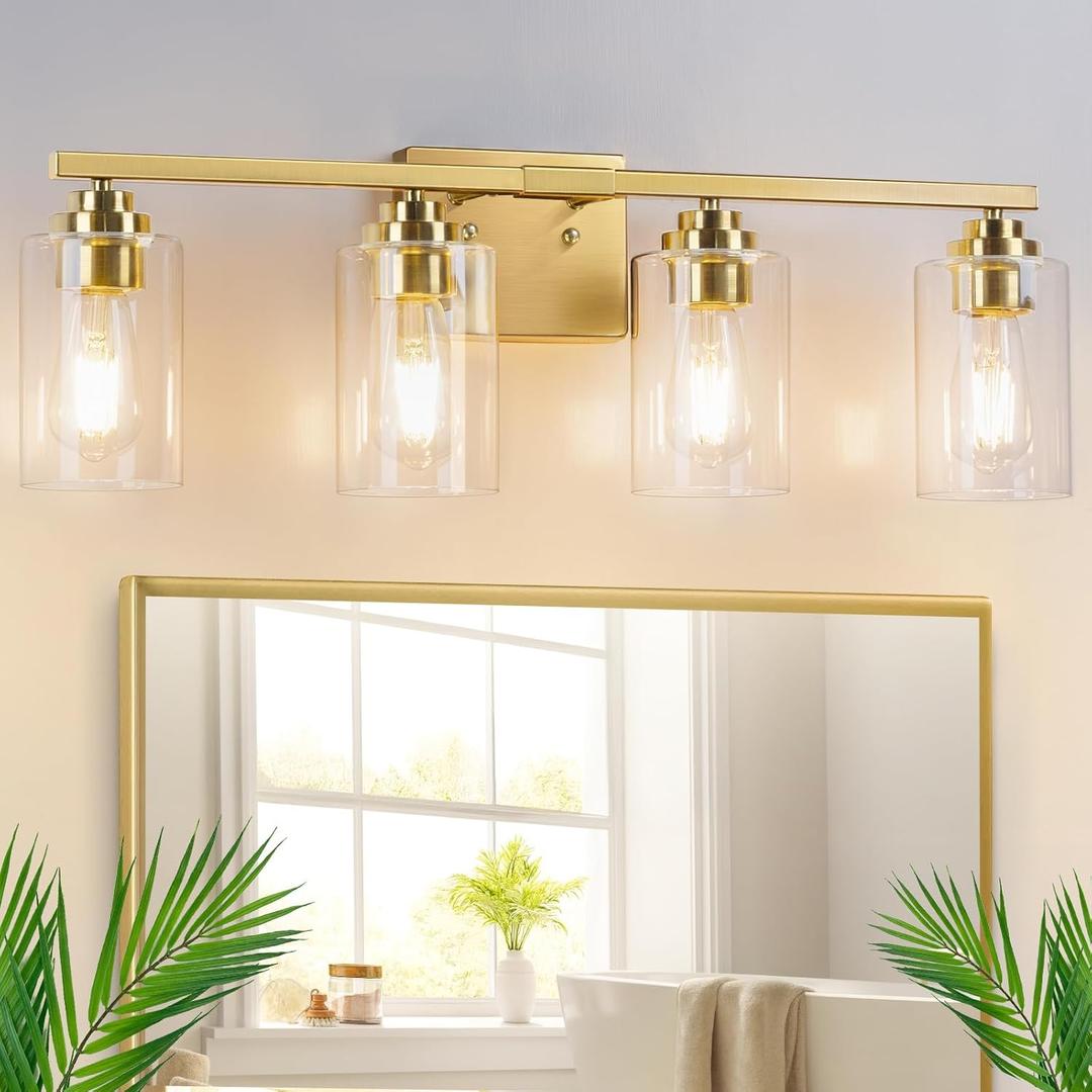 4-Light Bathroom Light Fixtures, 27" Modern Vanity Lights Over Mirror with Clear Glass Shades, Brushed Gold Vanity Lights, Classic Wall Lamp for Mirror Living Room Cabinet Bedroom Porch Kitchen