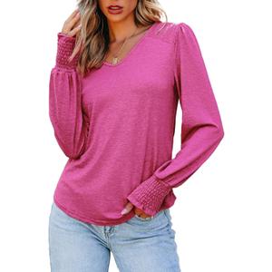 Dokotoo Women's Casual Long Sleeve Shirts Shirred Shoulders Solid Color Knit Tops Blouses (Pink, XL)