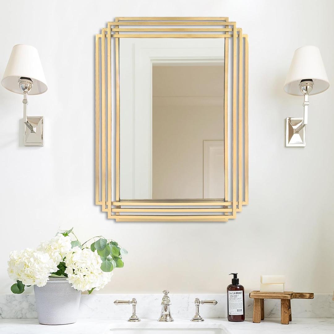 Gold Rectangle Mirror, 24"x18" Modern Vanity Wall Mirror with Metal Mirror, Geometric Art Deco Mirrors for Living Room Bathroom Bedroom Entryway Hallway, Hangs Vertically or Horizontally