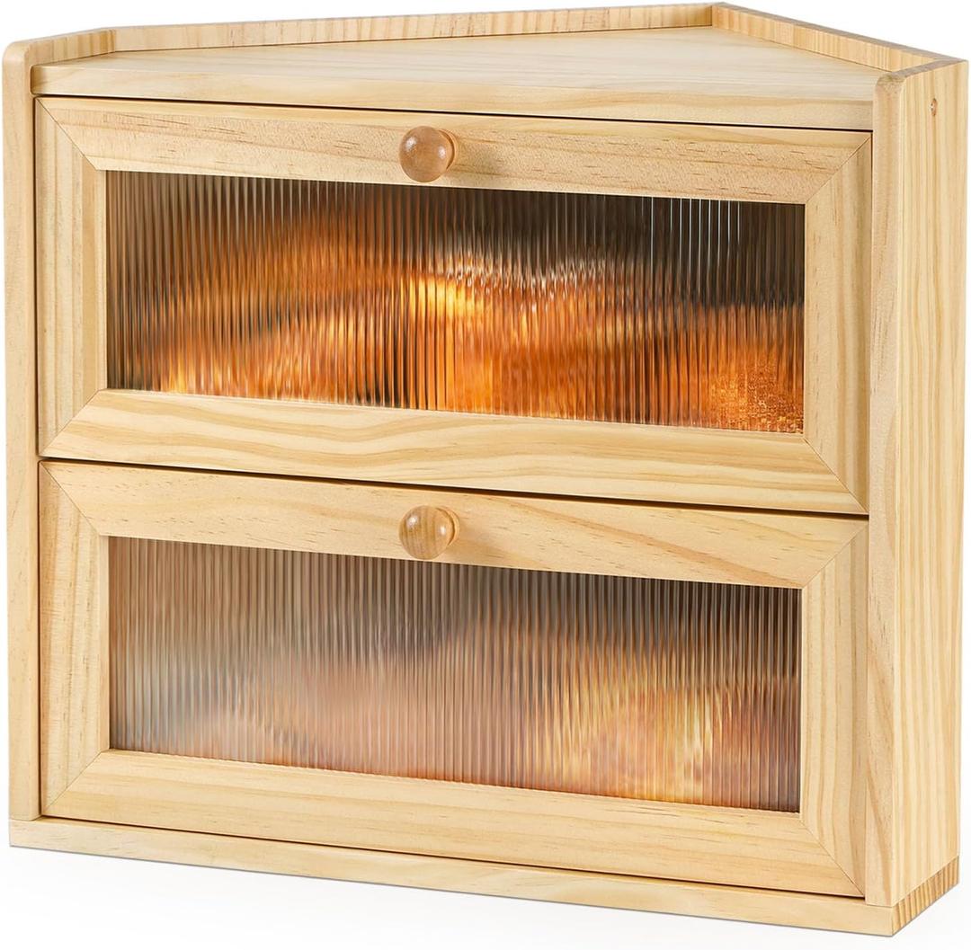 Sunhoo Bread Box for Kitchen Countertop Upgraded Corner Storage Container Wood Farmhouse Breadbox Large Bread Bin 2 Layer Holder Vintage Food Keeper Organizer Cabinet Acrylic Door Easy Assembly(Yellow