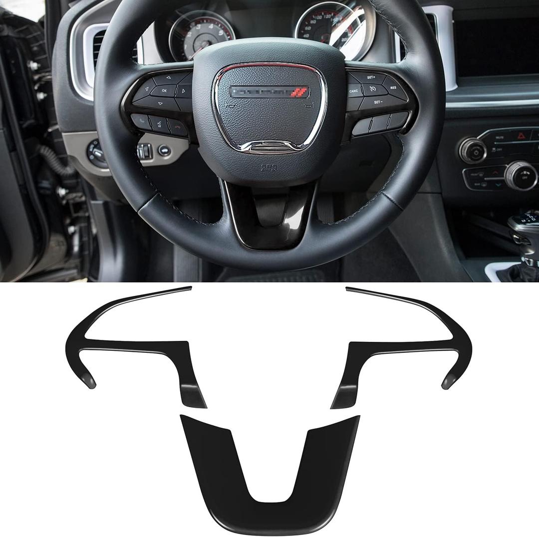 Steering Wheel Cover Trim Interior Accessories Decoration Kit for 2015-2024 Dodge Challenger Charger, for 2014-2024 Dodge Durango & Jeep Grand Cherokee SRT8 (Black 3PCS)