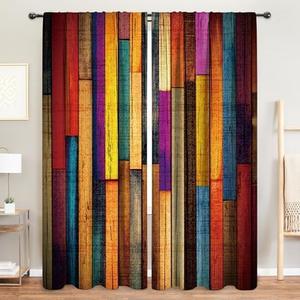 MESHELLY Rustic Farmhouse Curtains 52W X 84H Inch Rod Pocket Colorful Curtains for Living Room Western Barn Door Wooden Decor Multicolor Wood Cabin Country Garage Art Printed Bedroom Drapes 2 Panels