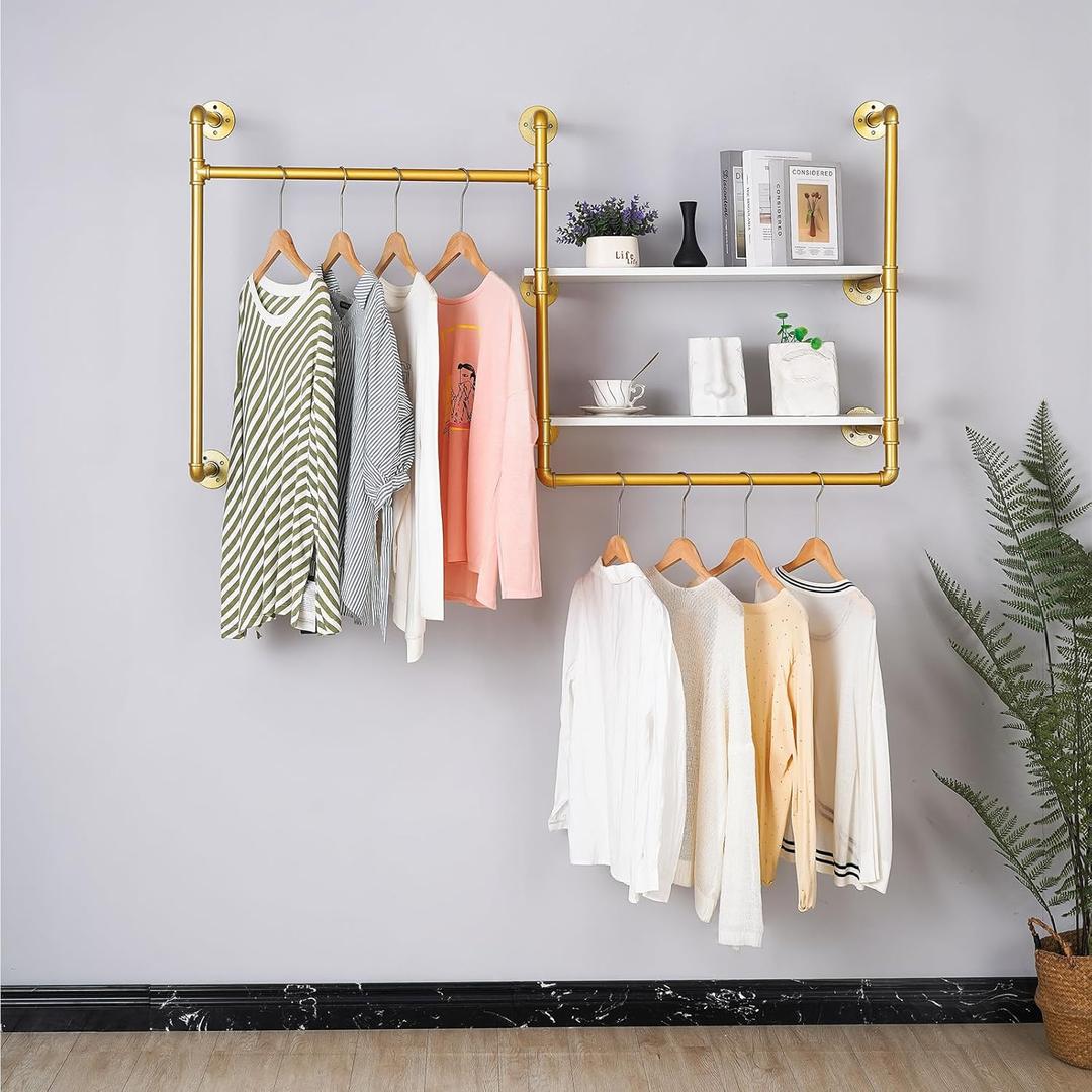 Industrial Pipe Wall-Mounted Clothing Rack with 2 Wood Shelves - Heavy Duty Double Rod Metal Garment Organizer for Bedroom/Retail Stores, Gold (30H12.5D59W inch)