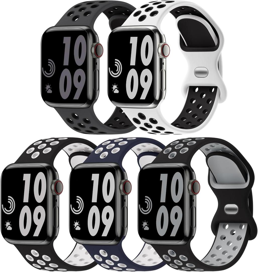 5 Pack Sport Bands Compatible with Apple Watch Band 44mm 45mm 46mm 42mm 41mm 40mm 38mm 49mm for Men Women, Breathable Silicone Wrist Strap for iWatch Series 11 10 9 8 7 6 5 4 3 2 1 SE3 2 1 Ultra3 2 1