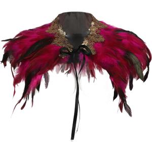 Women Feather Shawl Gothic Lace Cape Halloween Witch Cosplay Costume Carnival (Red)