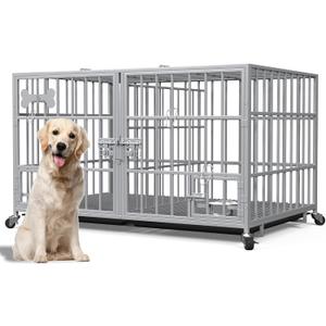 aboxoo 48/42 inch Heavy Duty Metal Dog Crate for 2 Dogs/Large Dog,All Metal Open Top,Dog Kennel Indoor with Wheels,Floor Grid, Tray, Divider and Feeding Bowl (Sliver)