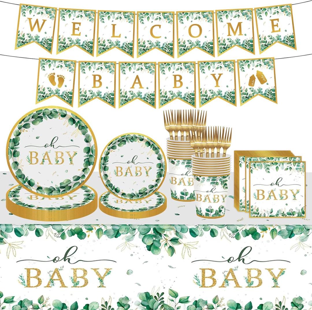 102PCS Sage Green Baby Shower Decorations Neutral Baby Shower Party Supplies Boy Girl Gender Party Decor Include Welcome-Baby Banner Sage Green Paper Plates Napkins Cups Forks Tablecloth for 20 Guests