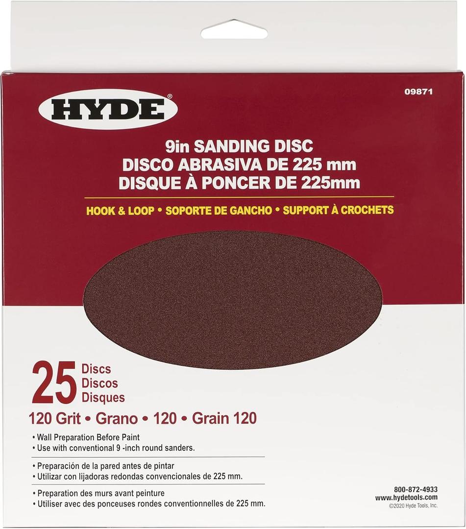 Hyde Round Abrasive Sanding Disc, 9" 120 Grit, 25 Pack fits Hyde Radial Sander