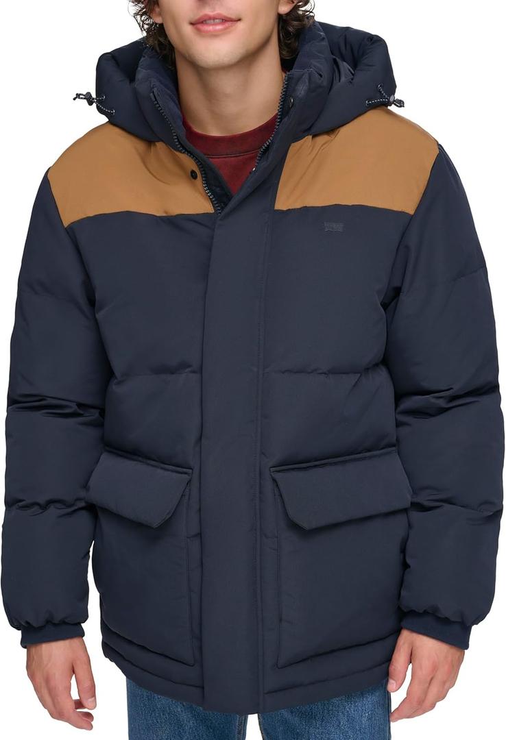 Levi's mens Quilted Puffer Parka Jacket (X-Large, Navy/Worker Brown)