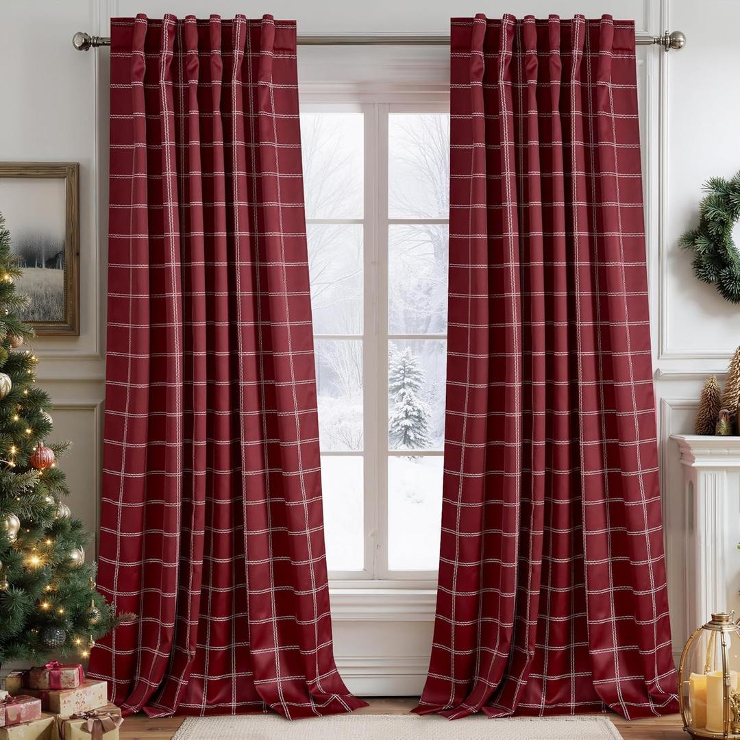 NICETOWN 100% Blackout Christmas Plaid Farmhouse Curtains 84 Inch Long 2 Panels Set for Living Room Checkered Drapes Thermal Insulated Privacy Protection Rod Pocket Back Tab, 52" W, Red