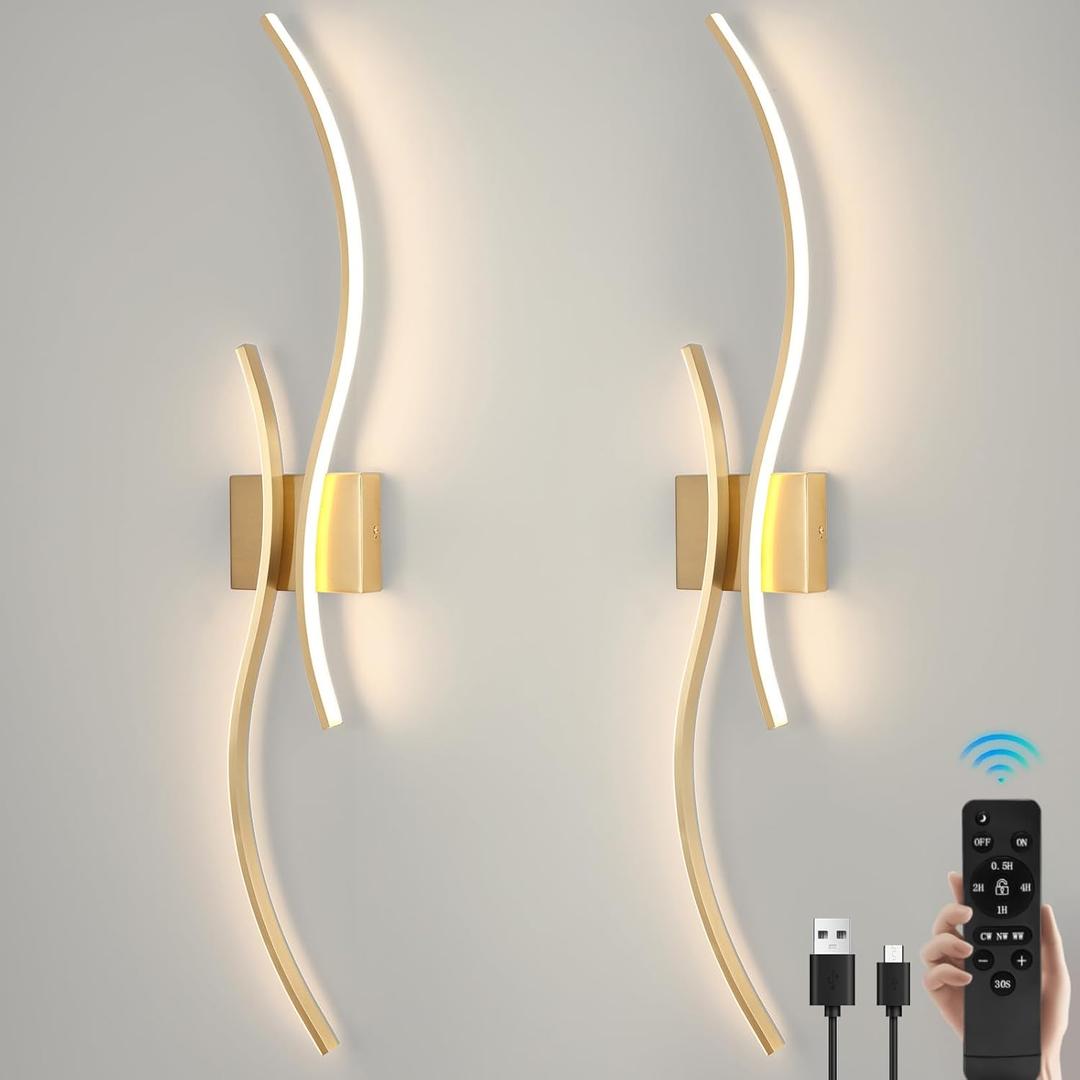 CANEOE Battery Operated Wall Sconces with Remote Control, Rechargeable Dimmable Touch Wall Sconces Set of Two, 3000K-6500K LED Wireless Wall Light for Living Room Bedroom Hallway,31.5inch(Gold)