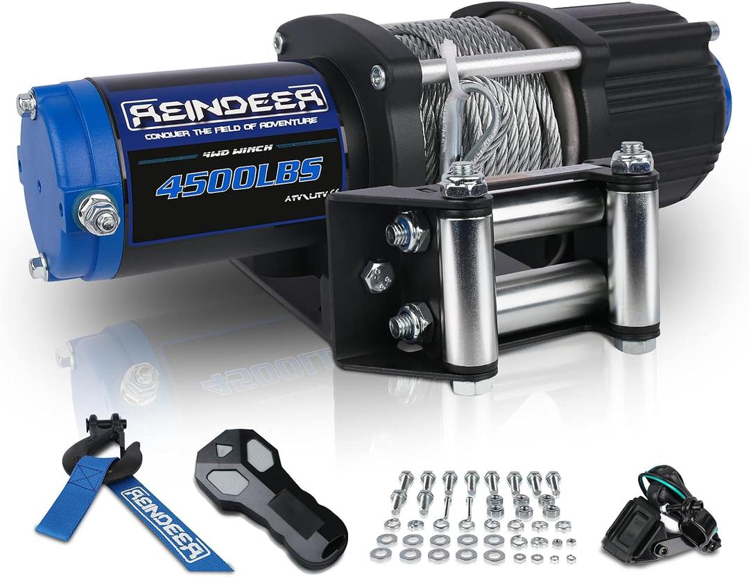REINDEER New 12V Winch 4500 lb Load Capacity Electric Winch Kit for ATV UTV Steel Cable Wire Rope with Hawse Fairlead Waterproof IP67 with Wireless Remotes (Steel Cable)