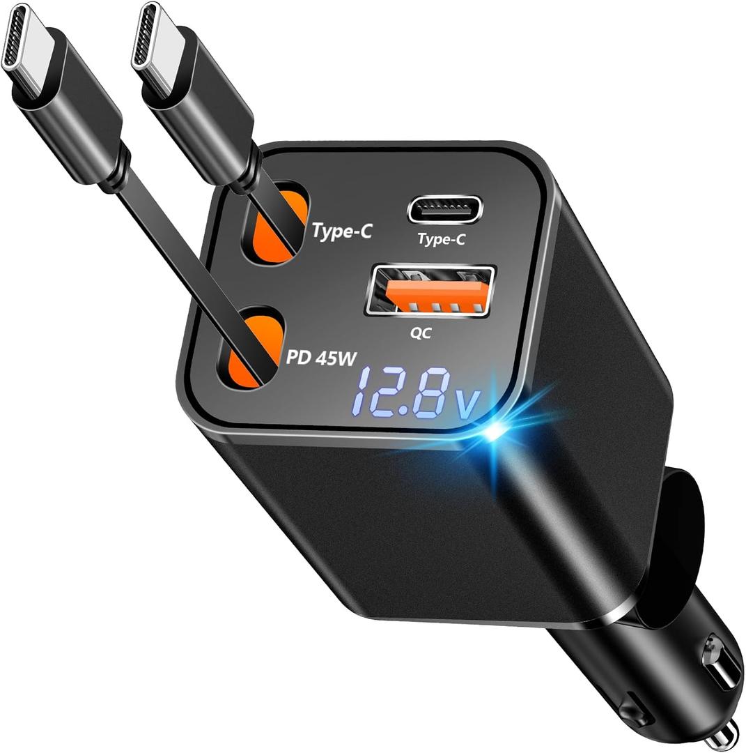 [Apple MFi Certified] Retractable Car Charger USB C, Caiinei 120W USB C Car Charger 4 in 1 PD/QC Type C Fast Charging Cigarette Lighter Adapter for iPhone 17/17 Pro Max/16 Pro/15/Galaxy S25/S24/Pixel
