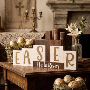 Easter Resurrection Decorations Religious He is Risen Sign Easter Wooden Table Centerpieces with Farmhouse Rustic Cross Hanging Christian Tiered Tray Decor for Spring Table Home Shelf Decor