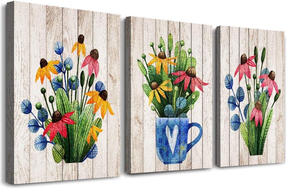 Vintage Wood grain plant flowers wall art for kitchen Wall Decorations for Living Room Bathroom Decorations room Wall decor 3 Pieces Framed Canvas print Artwork modern Office Home Decor painting