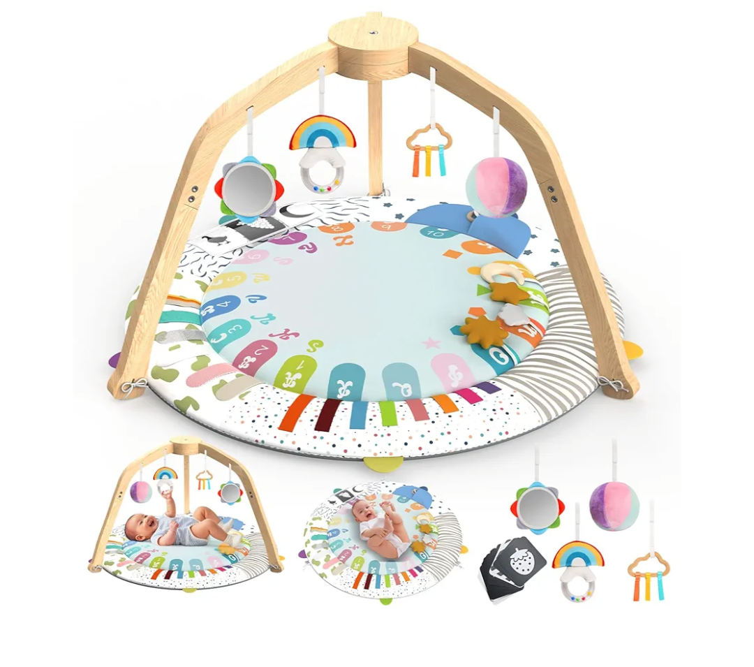 FROmzer Baby Play Gym - Wooden Baby Tummy Time Play Mat with 5 Developmental Zones - Baby Gyms & Playmats with 4 Removable Toys - Removable - Baby Play Mat for Baby Essentials & Motor Skills