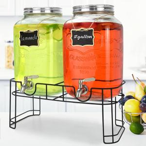 2 Gallon Glass Drink Dispensers For Parties (2 PACK) With Stand And Leakproof Stainless Steel Spigot - Glass Water Jug, Lemonade Dispenser