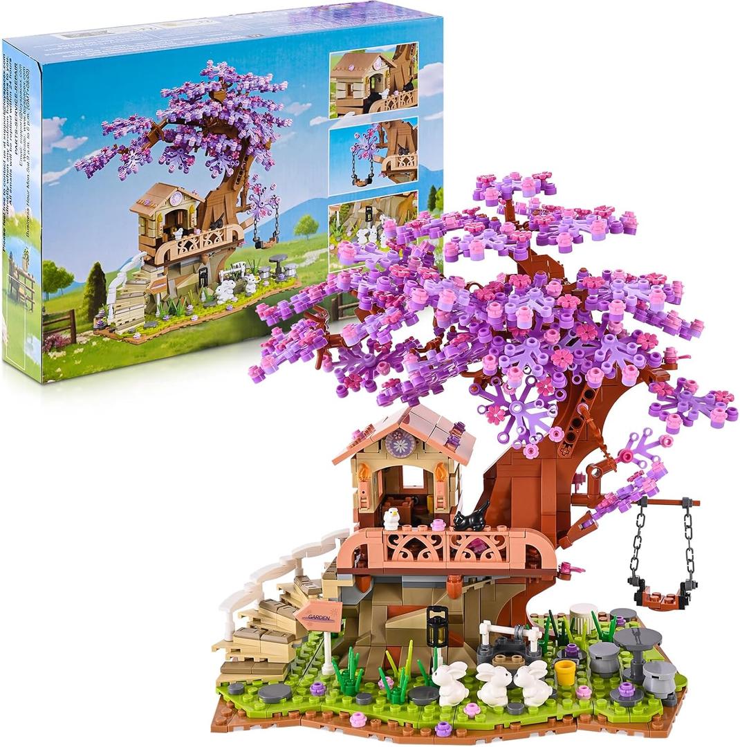 JOJO&Peach Cherry Blossom Garden Building Set with LED Light, Friends Flower House Bonsai Tree Model Sets for Kids, Easter Gift Toy for Girls Boys Girlfriend Mom Wife 8 9 10 12+(841 Pieces)