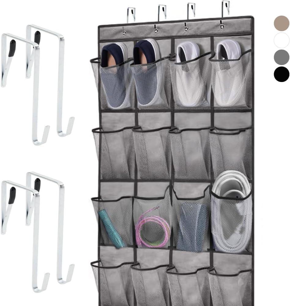 HOME GENIE Over the Door Hanging Shoe Organizer, 24 Breathable Mesh Pockets, Closet Rack Storage Holder, Stay in Place Hooks Hang on Closets, Hanger Holds Up to 40 lbs for Shoes, Accessories, Gray (Pack of 1)
