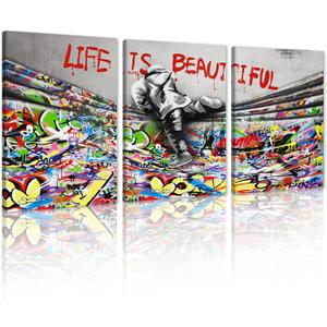 Life is Beautiful Wall Art Colorful Curtain and Boy Poster Pop Culture Art Graffiti Picture Canvas Print for Living Room Bedroom Decor Framed and Ready to Hang 20x28inchx3Pcs