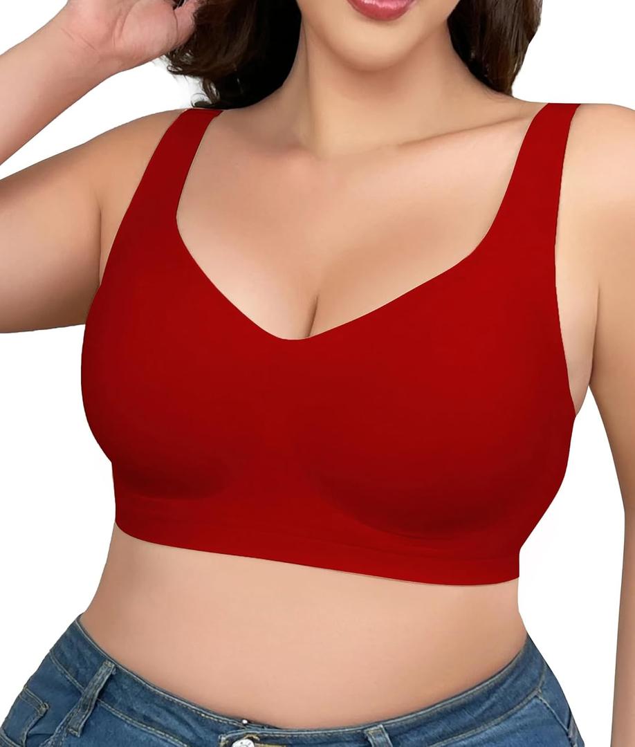 SHAPERX Bras for Women No Underwire Seamless Oversized Everyday Bra Comfort Wireless Padded Soft Support Bralette (Large, Red)
