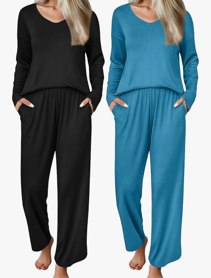 Ekouaer 2 Pack Women's Ribbed Knit Pajama Set with Pockets Long Sleeve PJs V Neck Soft Loungewear Loose Matching Outfits Set Black and Lake Blue S