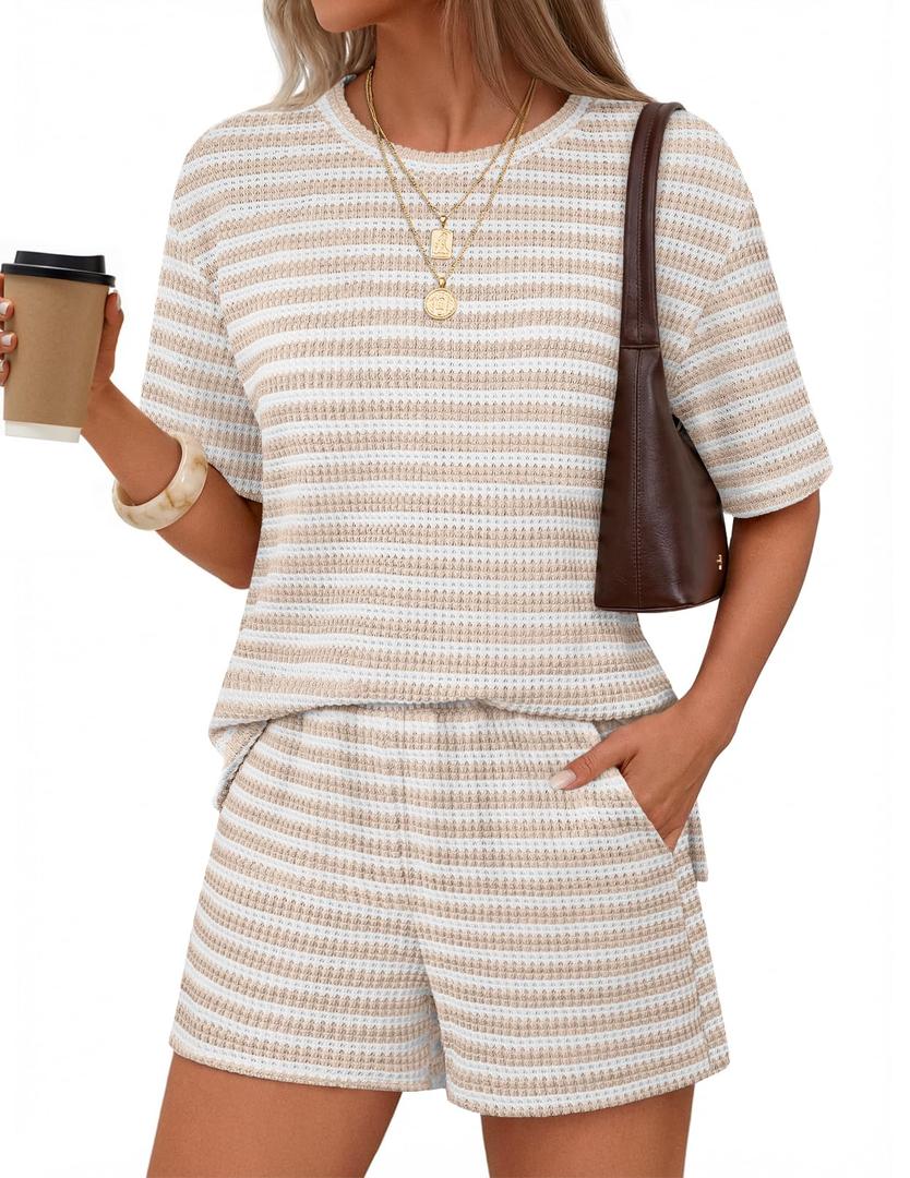 MEROKEETY Women's Summer 2 Piece Lounge Sets Striped Knit 2026 Casual High Waisted Shorts Matching Airport Travel Outfits, Apricot, S (S)
