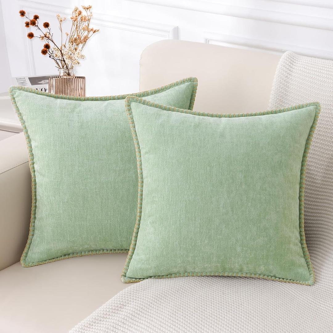 decorUhome Chenille Soft Throw Pillow Covers 20x20 Set of 2, Farmhouse Velvet Pillow Covers, Decorative Square Pillow Covers with Stitched Edge for Couch Sofa Bed, Sage Green decorUhome Chenille Soft Throw Pillow Covers 20x20 Set of 2, Farmhouse Velvet Pillow Covers, Decorative Square Pillow Covers with Stitched Edge for Couch Sofa Bed, Sage Green
