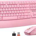 MEETION Wireless Keyboard and Mouse, Full-Sized Cordless Keyboard with Wrist Rest, 3 DPI Adjustable Mouse, Keyboard and Mouse Set with 2.4GHz USB Receiver, for PC/Computer/Laptop/Windows/Mac, Pink