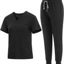 Medical Scrubs Set for Women - Classic V-Neck Top & Jogger Pants with Stretch Nursing Uniform Scrub Suit (Medium, Black)