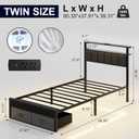 Twin Bed Frames with Storage Drawer, Platform Bed with Charging Station and LED Lights, Upholstered Headboard with 2-Tier Storage Shelves, No Box Spring Needed