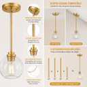 Gold Pendant Light, 7 Inch Clear Glass Farmhouse Hanging Fixture, Adjustable Height & Sloped Ceiling Compatible for Kitchen Island Dining Room Entryway Bedroom Hallway, 3 Pack