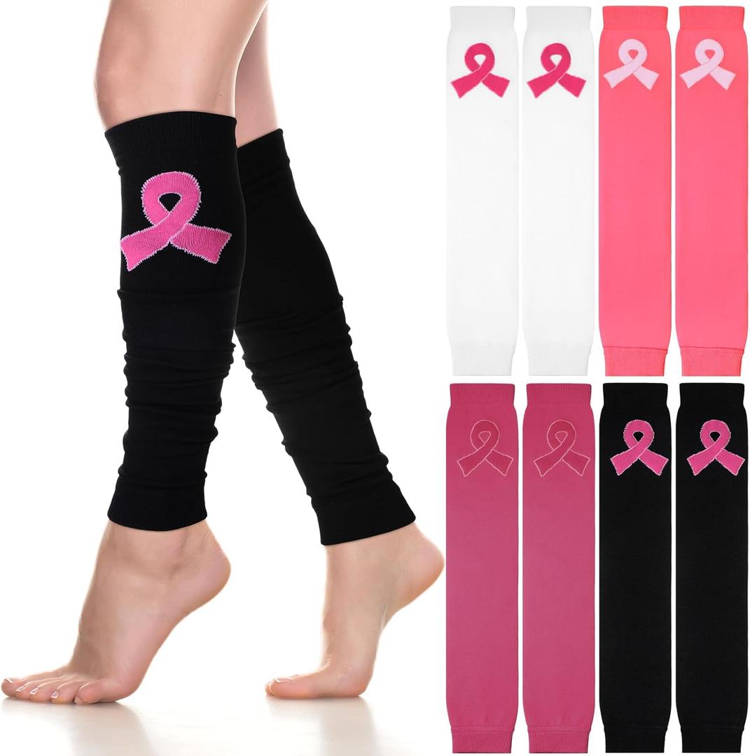 Hercicy 4 Pairs Breast Cancer Awareness Football Leg Sleeves Pink Ribbon Calf Compression Sports Sleeves for Girls Boys (Colorful)