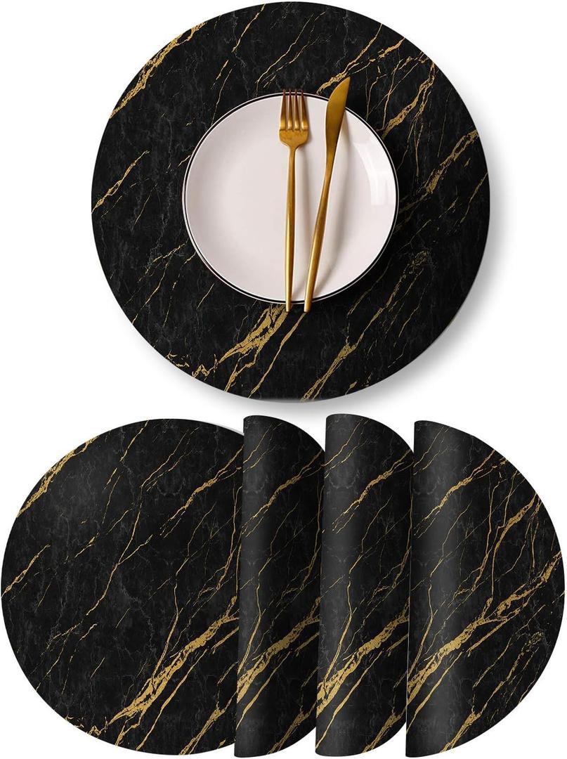 Round Leather Placemats Set of 4 PU Waterproof Non-Slip Washable Heat Resistant Place Mat for Kitchen Dining Table - Black Marble Gold Line