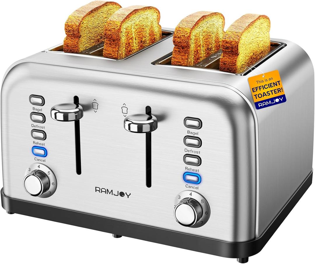 RAMJOY Toaster 4 Slice, Dual Independent Controls, Extra Wide Slot Toasters for Bagel, Bread, Waffles, 7 Shade Settings, 4 Main Functions, Removable Crumb Tray, 1500 Watts, Brushed Stainless Steel