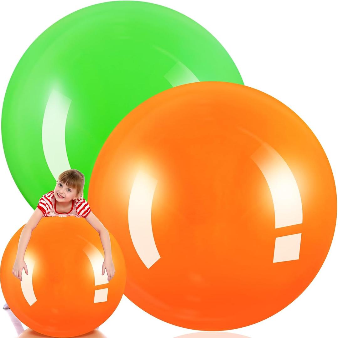 Jenaai 2 Pcs 30 Inch Large Bouncy Balls Giant Inflatable Rubber Kickballs Big Outdoor Exercise Jumping Hopping Ball for Outdoor Activity Sports Party Decor(Orange, Green)