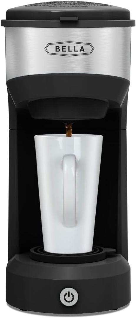 BELLA Dual Brew Single Serve Coffee Maker, Brews both Kcup and Ground Coffee, Large 14oz Capacity, Easy One Touch, Auto Shutoff, Black