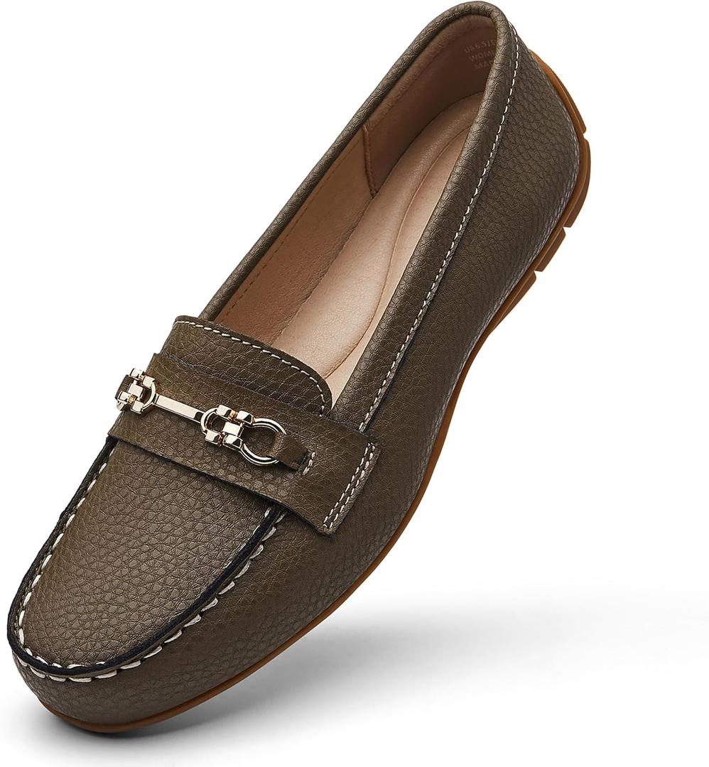 Women's Comfortable & Lightweight Leather Loafers Slip-Ons Driving Mocs Walking Shoes Cute Business Casual Dress Shoes Work Flats for Women (9.5, Khaki)