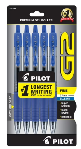 Pilot G2 Premium Gel Roller Pens, Fine Point 0.7 mm, Blue Ink Pens Fine Point, Pack of 5 - Ideal for School, Journaling, and Office Writing, Pack of 6