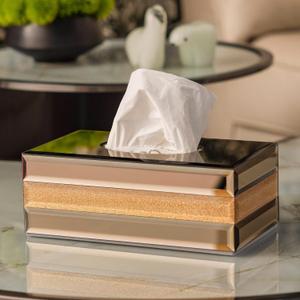 Glass Tissue Box Cover Rectangle-Gold and Silver Mirrored Glass Decorative Tissue Holder with Velvet Lining for Home Decor, Living Room, Bedroom, Kitchen, Office & Christmas/New Year Gifts