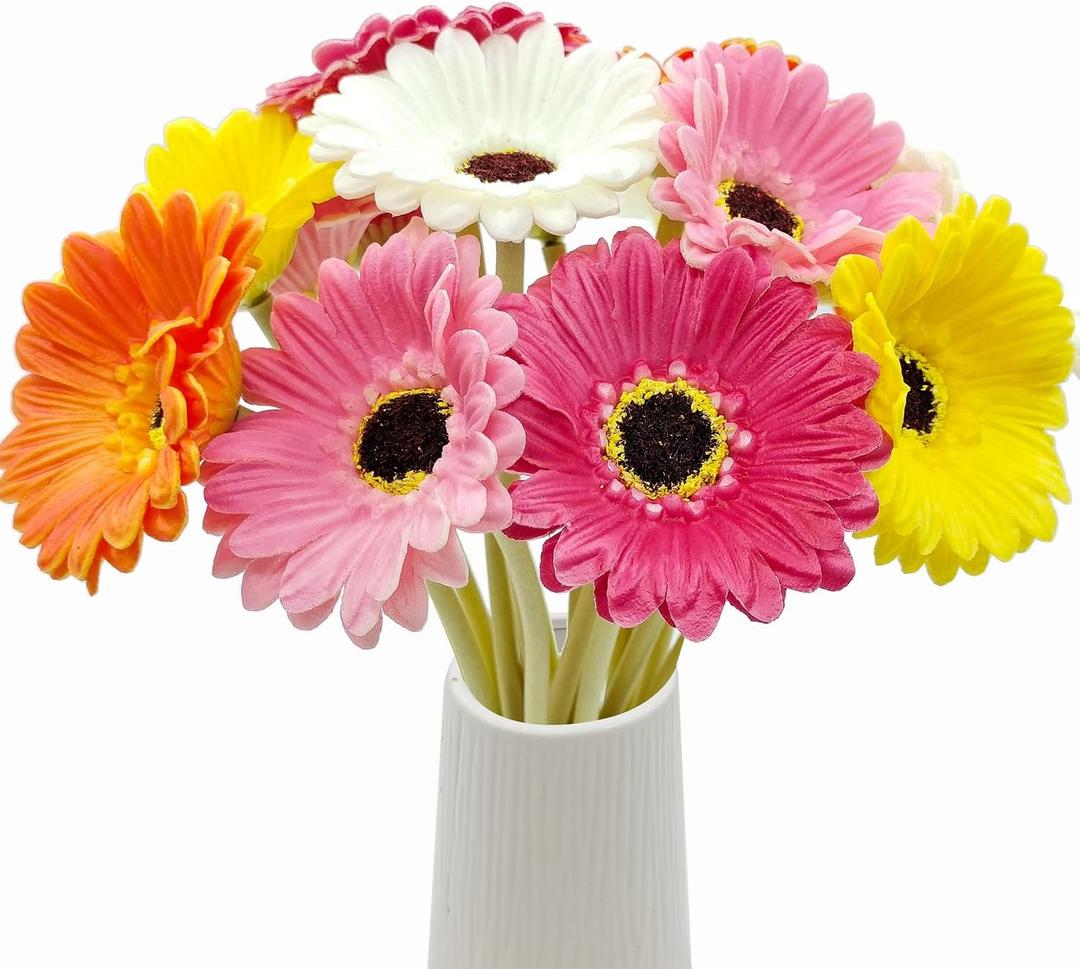 15 Pcs Artificial Gebera Daisies Flowers Fake Daisy Real Touch PU Faux Flowers Bouquet for Indoor Home Arrangements Vase Wedding Party Table Centerpiece DIY Floral Decor (Mixcolor)