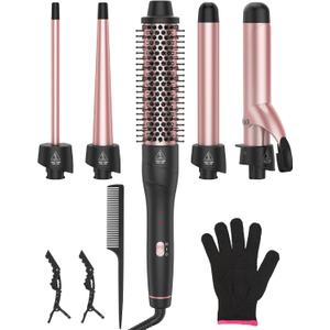 ANIEKIN 5 in 1 Curling Iron Set, Fast Heat Up Curling Wand from 3/8 to 1 1/4 Inch and a Thermal Brush Come with, Dual Voltage Hair Curler for Women All Hair Types and Travel Use, Gifts for Women (Rose Gold)