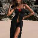 Women's Beach Cover Up Skirt 3D Flower Crochet Out High Split Swimsuit Bathing Suit Beach Skirt (Black, XS)