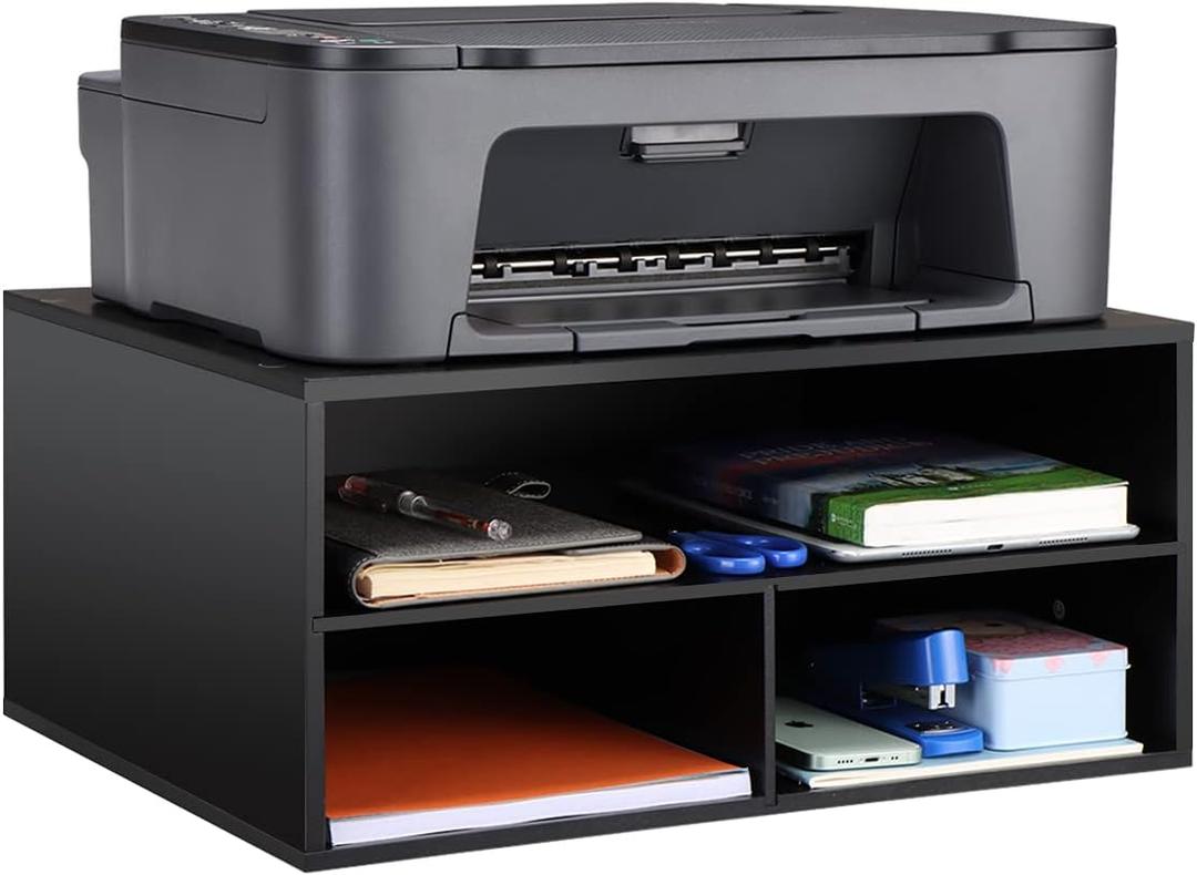 EMERIT Printer Stand Shelf with Storage Wood Desk Paper Organzier for Home/Office,Printer Riser, 2 Tire (Large, Black)