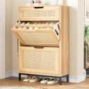 Jocoevol Shoe Cabinet Storage for Entryway Rattan Shoes Storage Cabinet Hidden Boho Narrow Shoe Organizer Cabinet with 2 Flip Drawers, Free Standing Wood for Foyer, Hallway (Wood, 2 Flip Drawer)